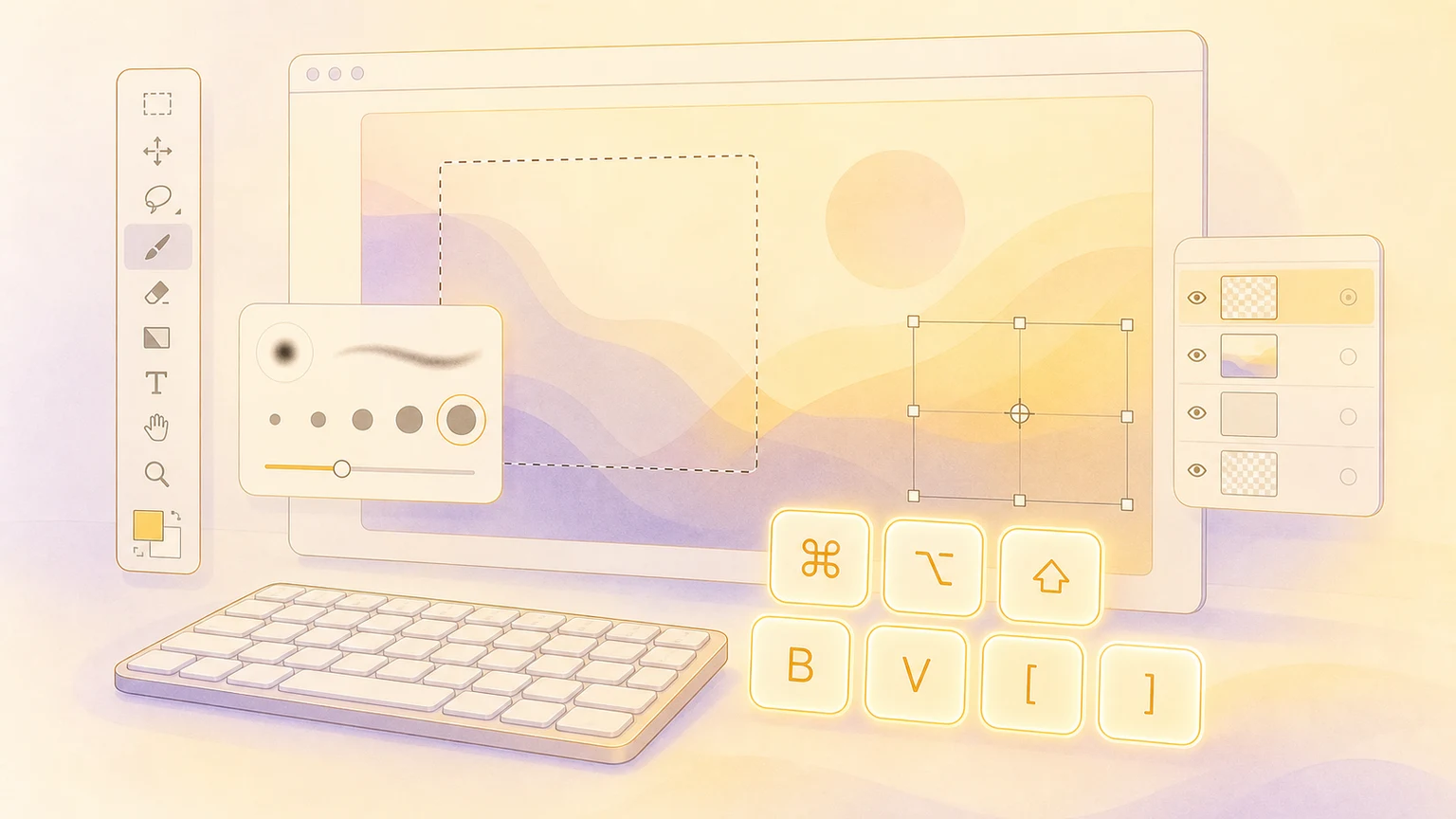 Illustration of a Mac photo editing workspace with glowing keyboard shortcut keys