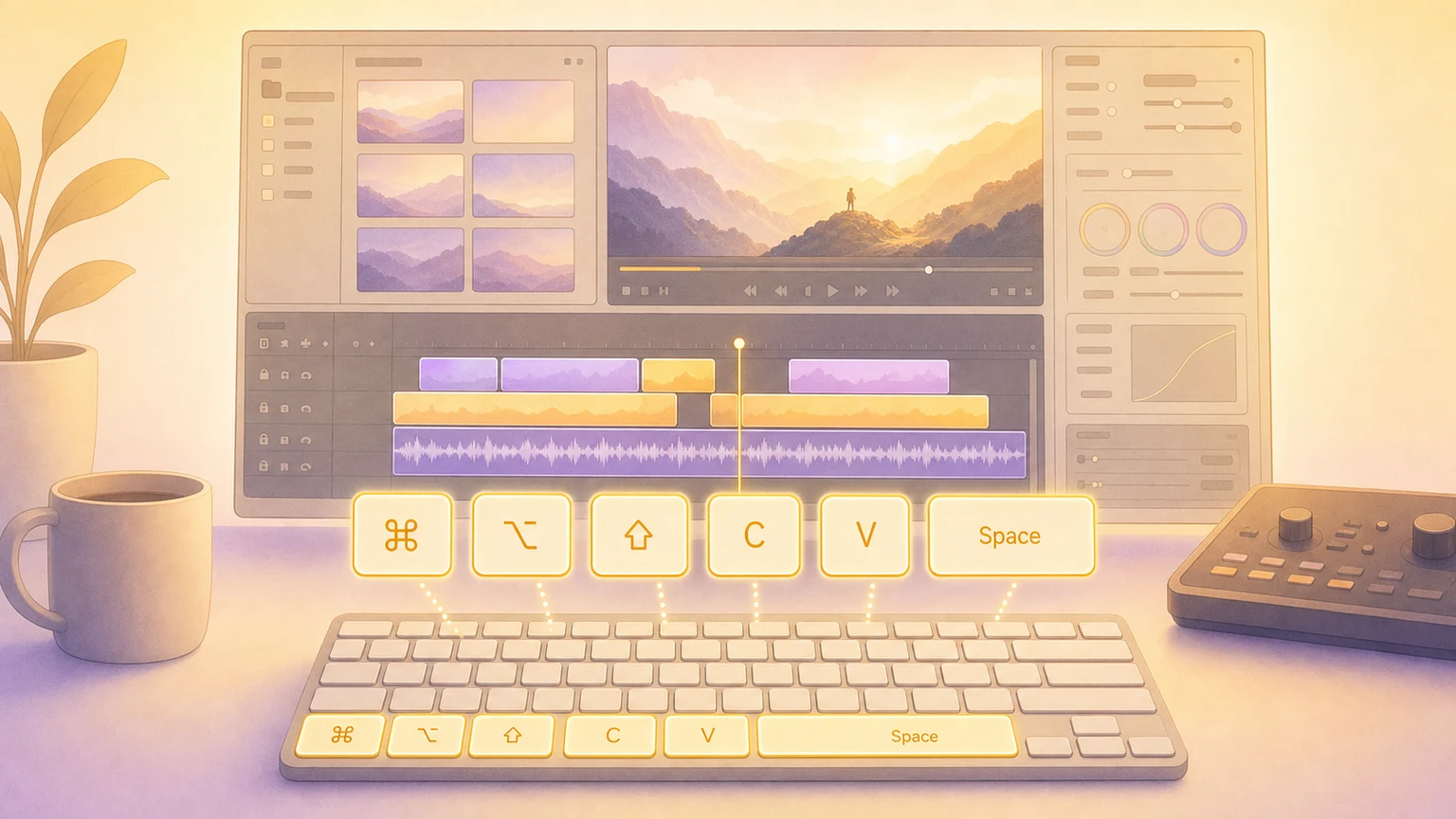 Illustration of a Mac video editing timeline with glowing keyboard shortcut keys
