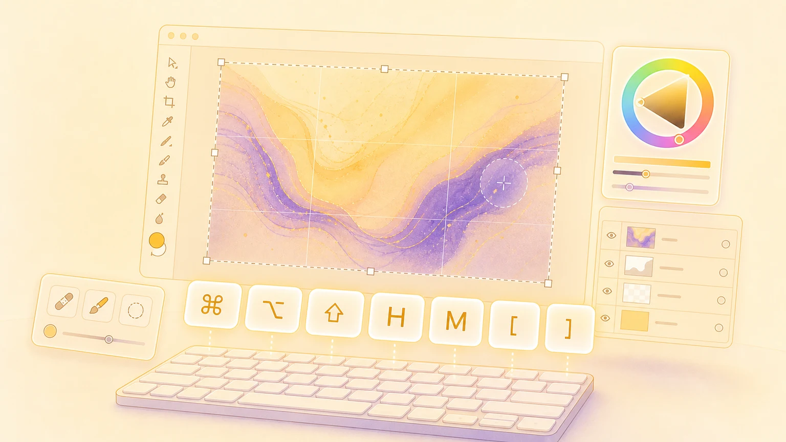 Illustration of a Mac photo retouching workspace with floating shortcut keys