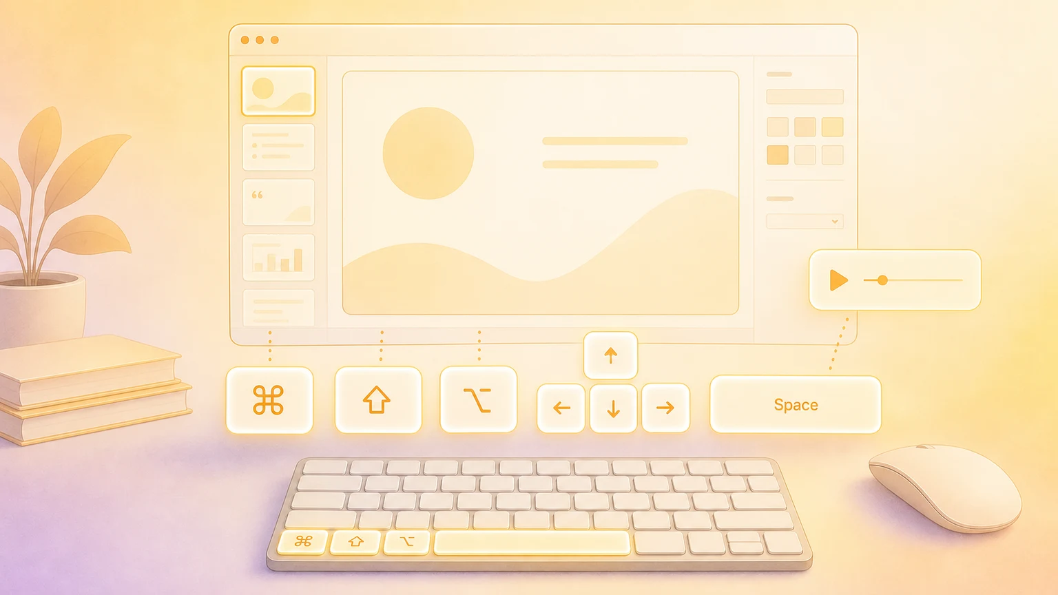 Illustration of a Mac presentation workspace with floating keyboard shortcut keys
