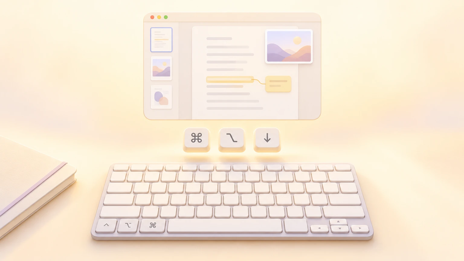 Warm cream illustration of a floating PDF and image viewer above a compact Mac keyboard and three shortcut keycaps
