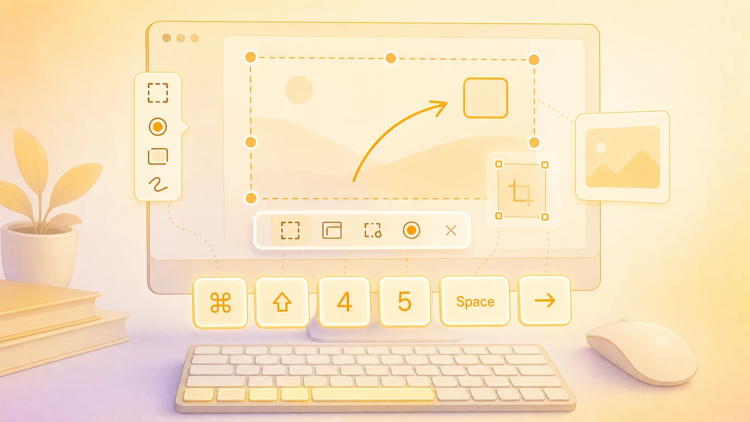 Illustration of a Mac screenshot selection workspace with glowing shortcut keys