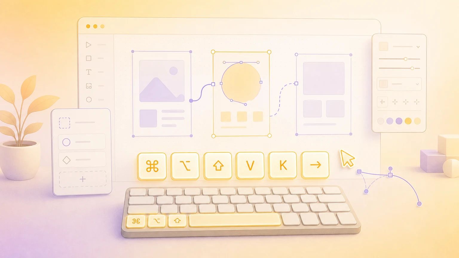 Illustration of a Mac design canvas with artboards and floating shortcut keys