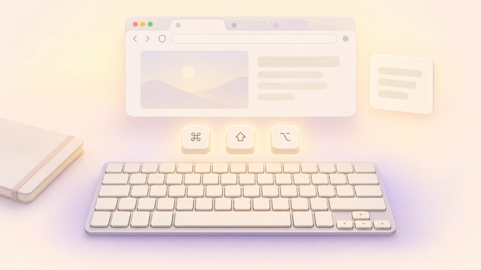 Warm cream illustration of a floating browser window and reading card above a compact Mac keyboard with three shortcut keycaps