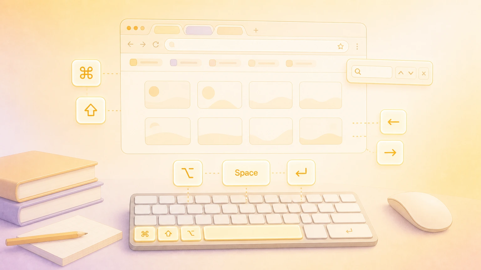Illustration of a Mac browser workspace with glowing Google Chrome-style keyboard shortcut keys