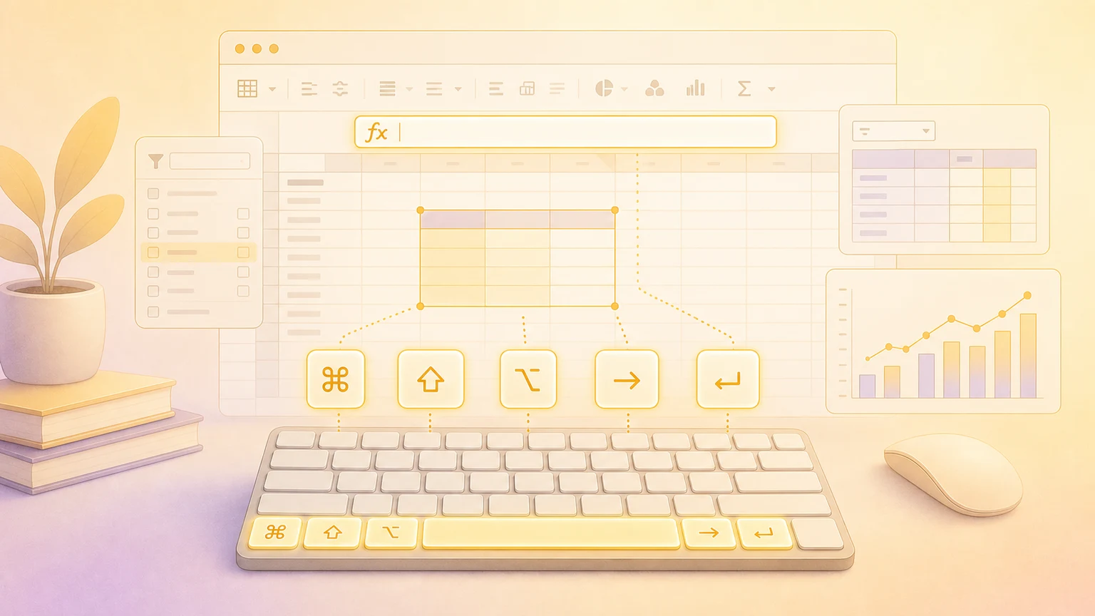Illustration of a Mac spreadsheet dashboard with floating keyboard shortcut keys