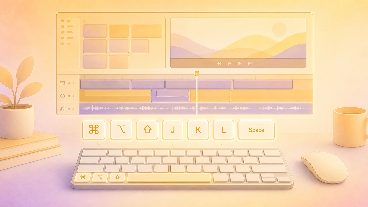 Illustration of a Mac video editing timeline with glowing shortcut keys