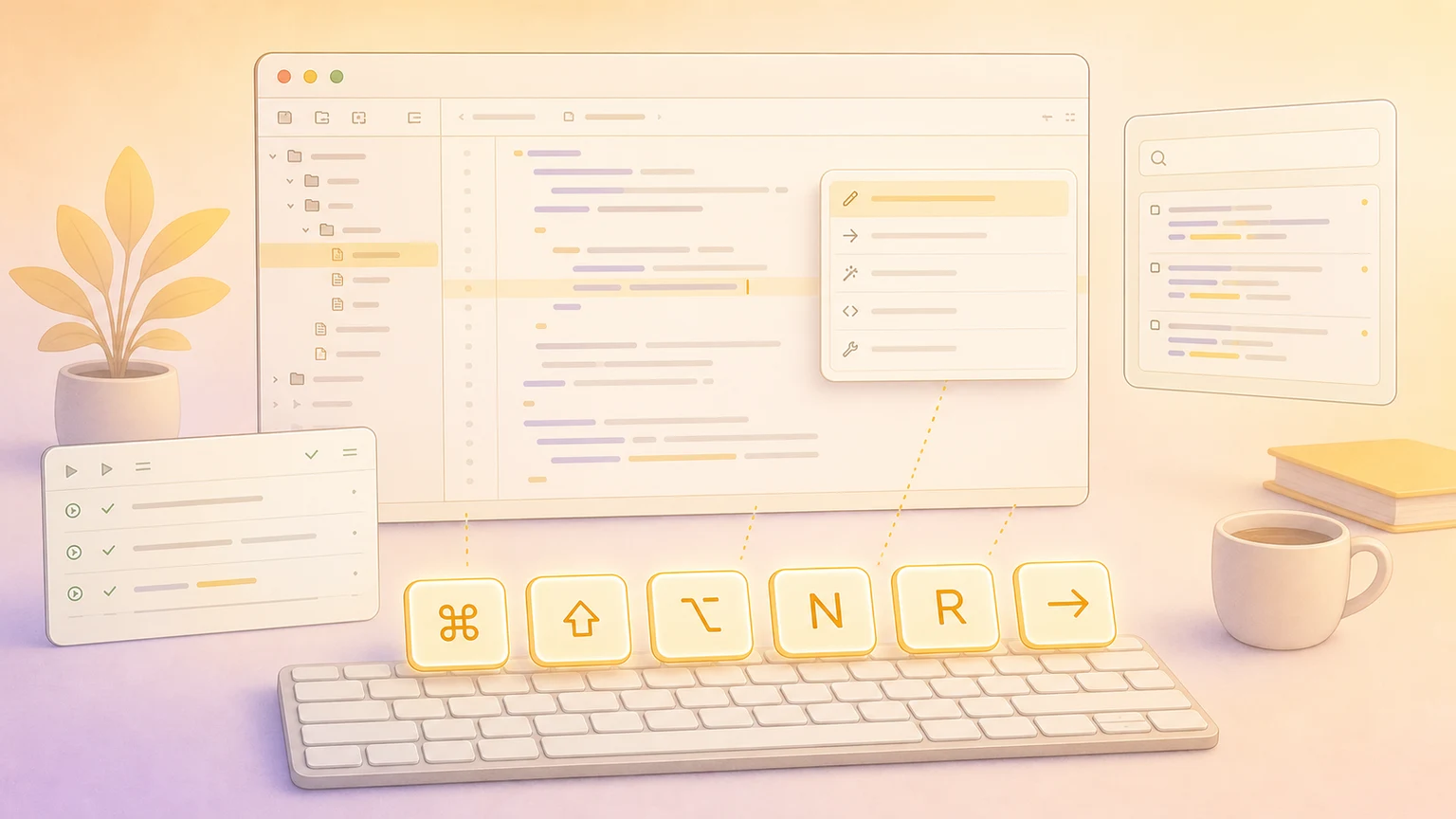 Illustration of a Mac IDE workspace with floating keyboard shortcut keys