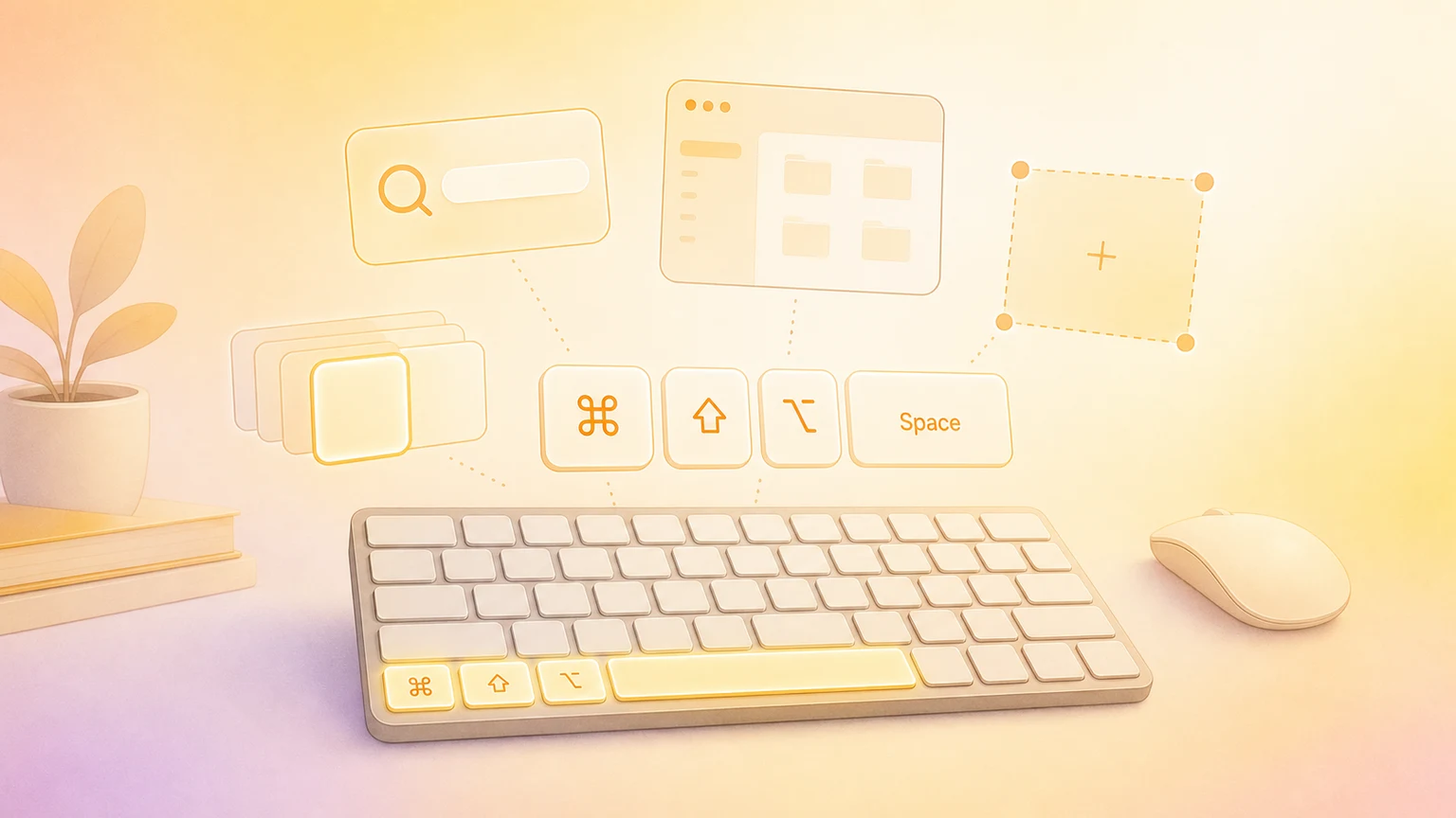 Illustration of a Mac keyboard with floating shortcut tiles and window controls
