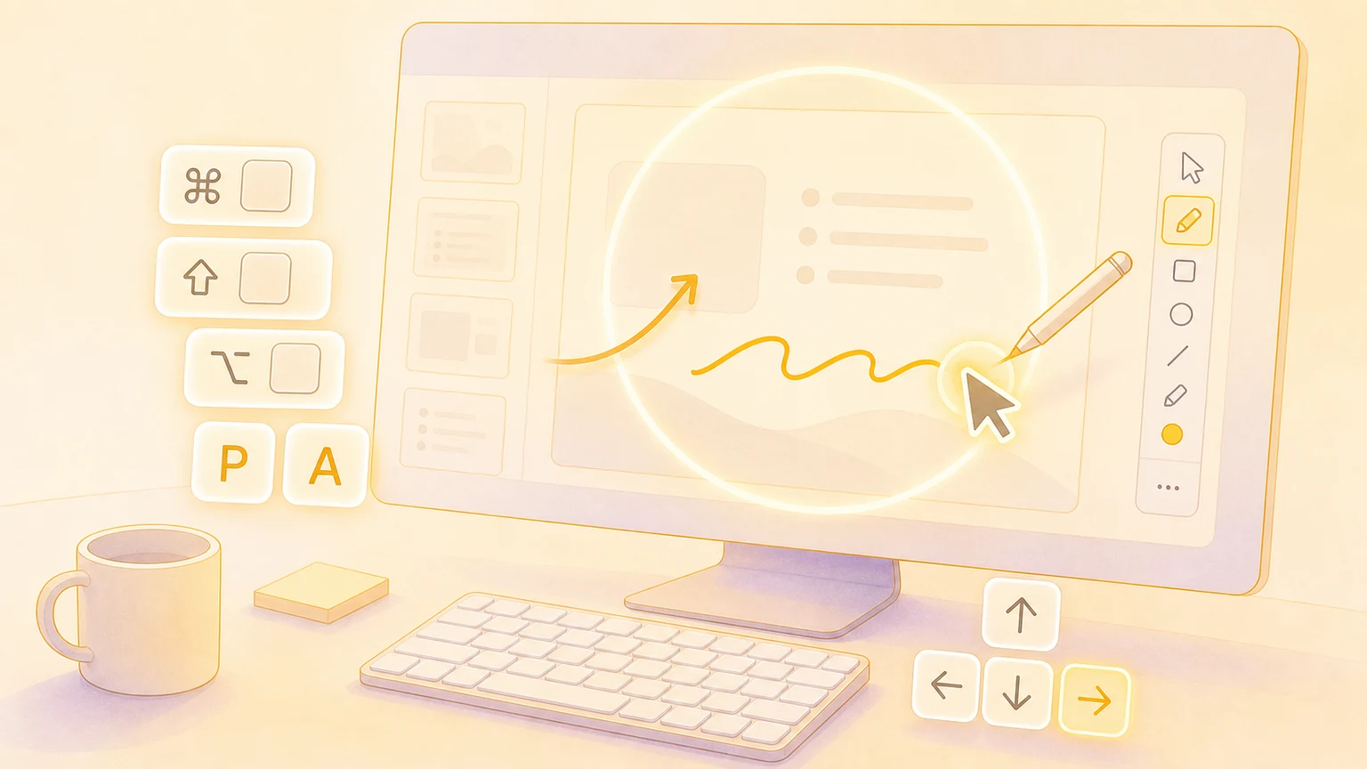 Illustration of a Mac presentation annotation workspace with glowing shortcut keys