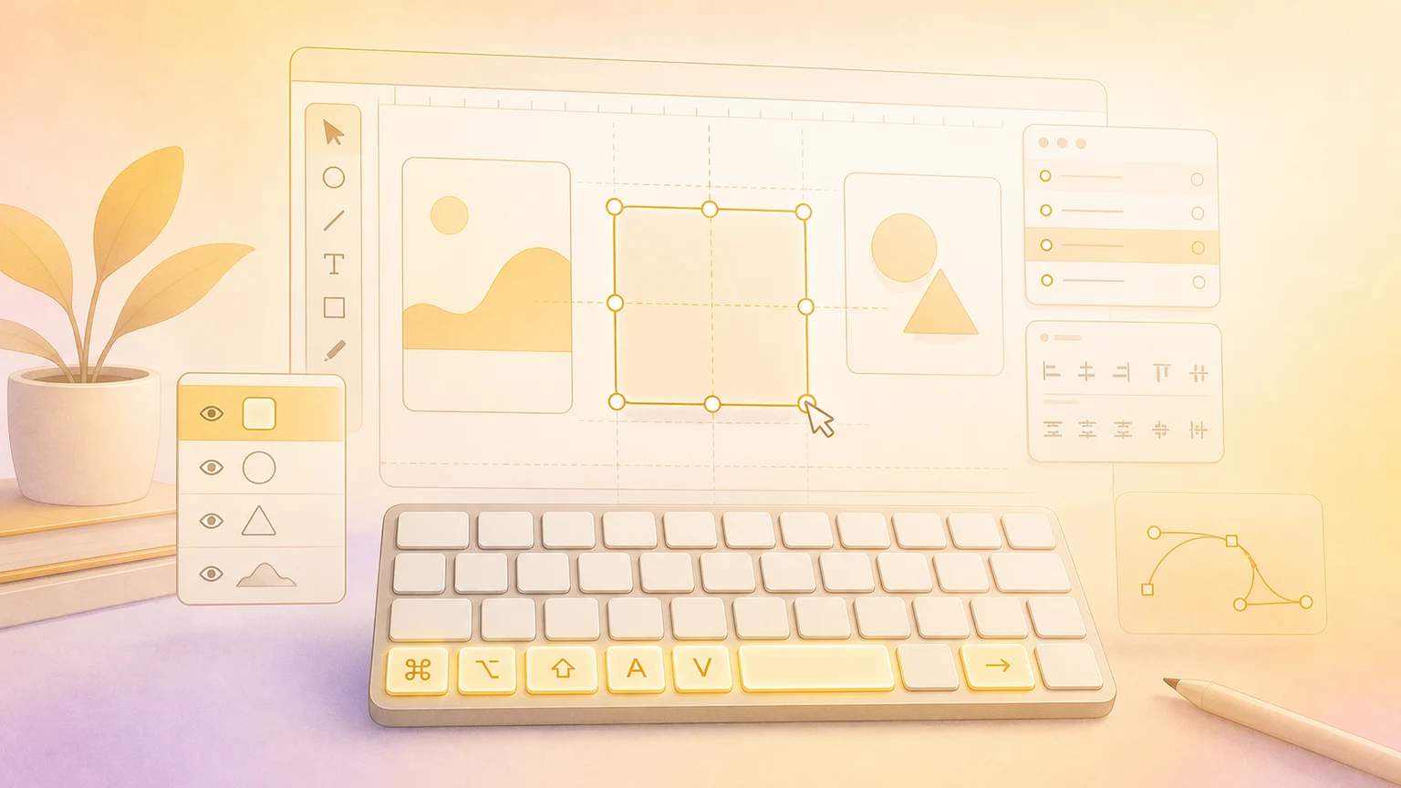 Illustration of a Mac vector design workspace with floating keyboard shortcut keys