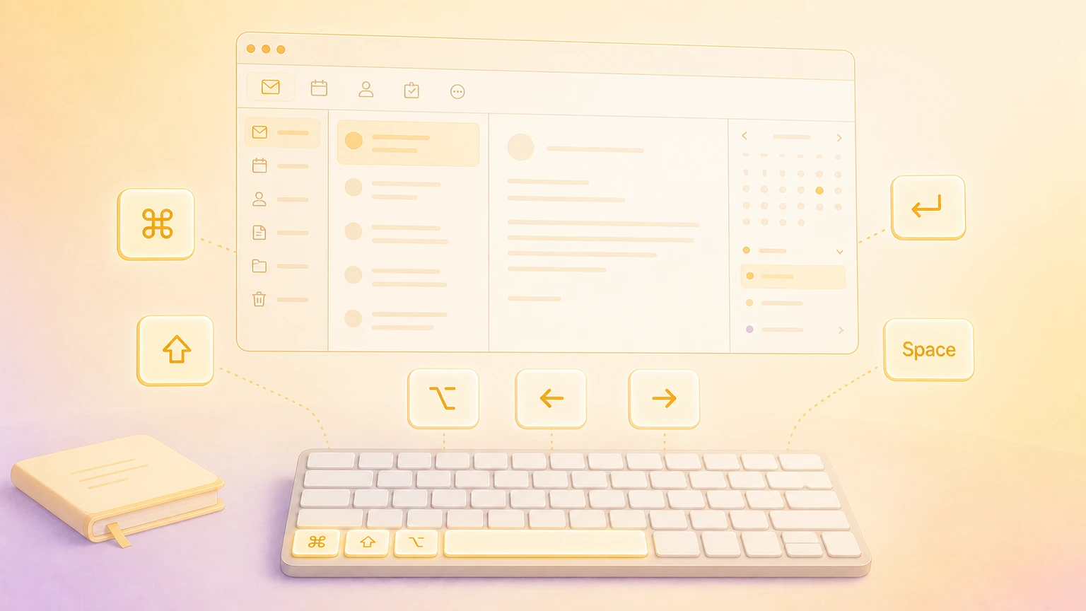 Illustration of a Mac email and calendar workspace with glowing Microsoft Outlook-style keyboard shortcut keys