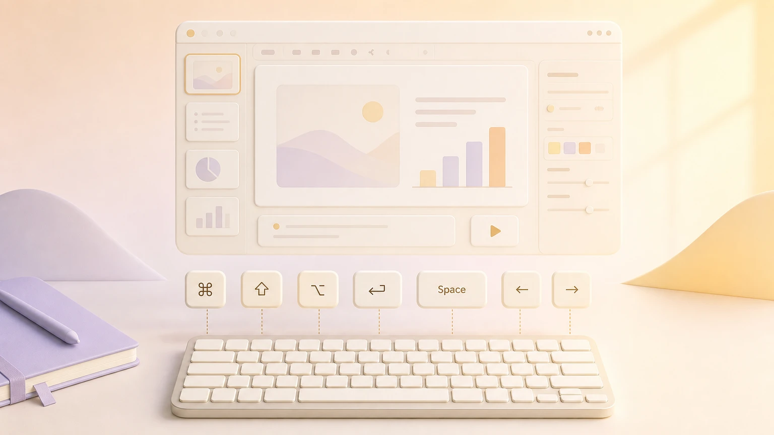 Illustration of a Mac presentation editor with floating keyboard shortcut keys