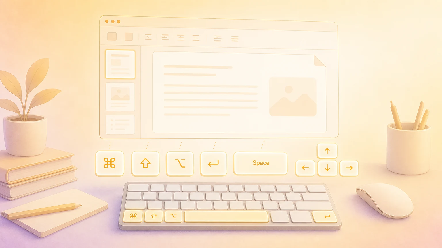 Illustration of a Mac document editor workspace with glowing Microsoft Word-style keyboard shortcut keys