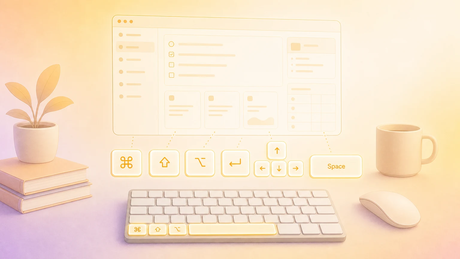 Illustration of a Mac notes and database workspace with glowing keyboard shortcut keys