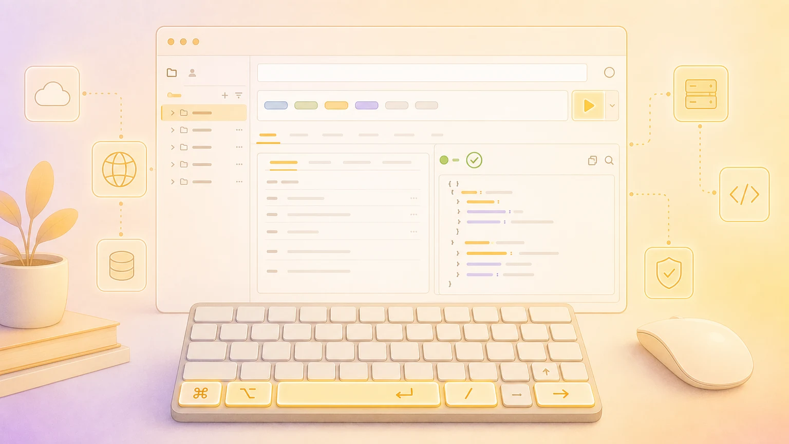 Illustration of a Mac API testing workspace with floating keyboard shortcut keys
