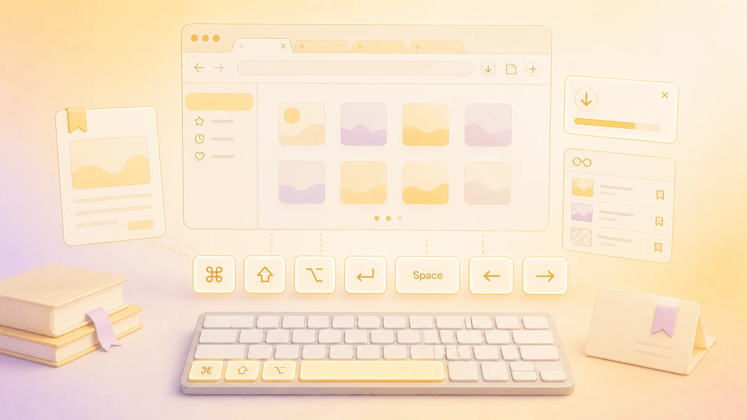 Illustration of a Mac browser workspace with glowing Safari-style keyboard shortcut keys