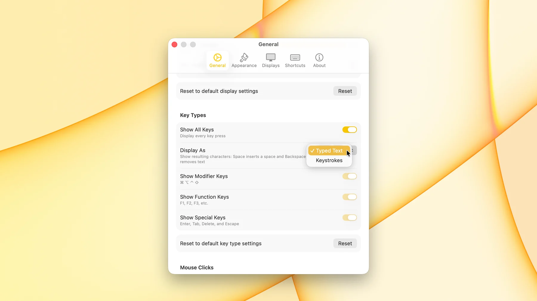 KeyScreen settings showing Show All Keys enabled with Typed Text and Keystrokes display options.