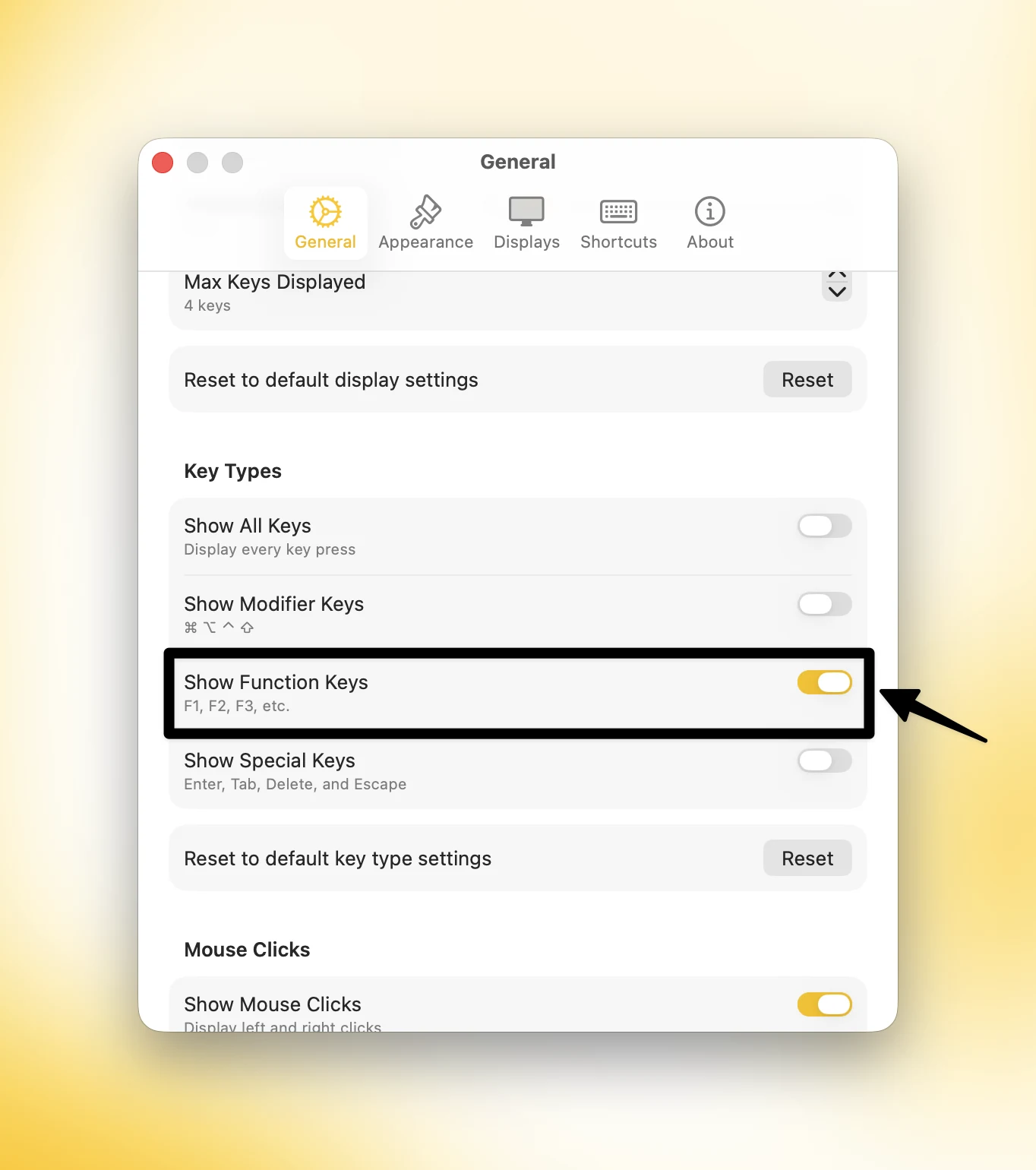 KeyScreen General settings with Show Function Keys enabled and other key types disabled.