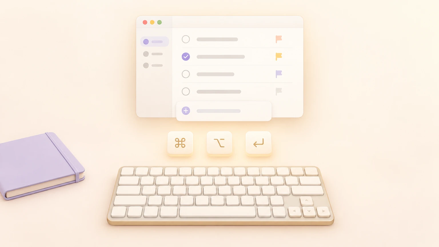 Warm pastel illustration of a task list and Quick Add window above a compact Mac keyboard with floating shortcut keys
