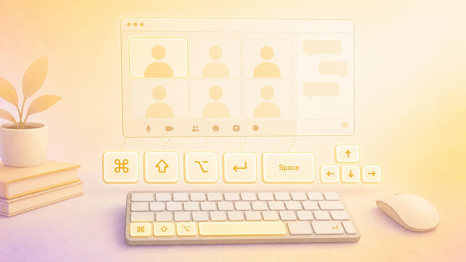 Illustration of a Mac video meeting workspace with glowing Zoom-style keyboard shortcut keys